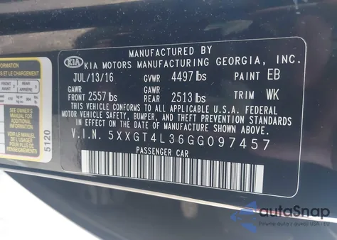 2016 Kia Optima Lx z USA, uszkodzony, nr VIN 5XXGT4L36GG097457